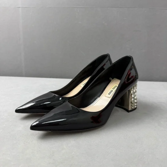 🚩steal authentic Miu Miu Glossy Black Heels with Pearl Accent - Picture 1 of 4